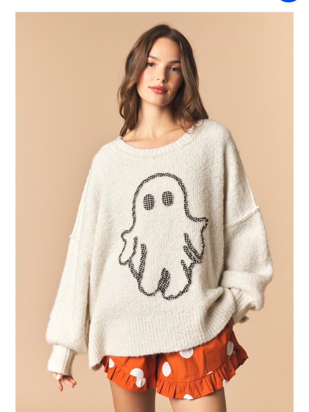 W6- 🤍🖤👻-(ETA 9/25) Peach Love California Ivory Ghost Graphic Crewneck Sweater